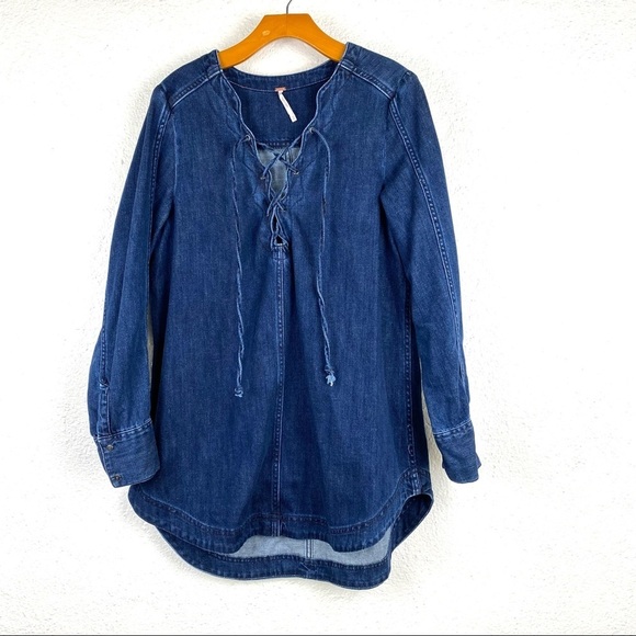 FREE PEOPLE Neapolitan Dreams Denim Mini Dress Tunic size Medium - Picture 5 of 11